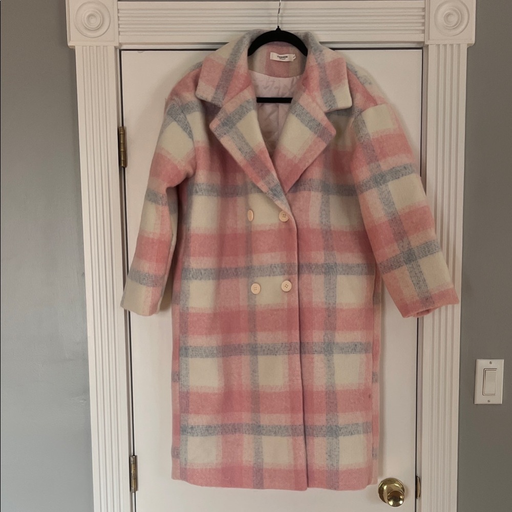 Elegant Pink and Cream Plaid Pea Coat